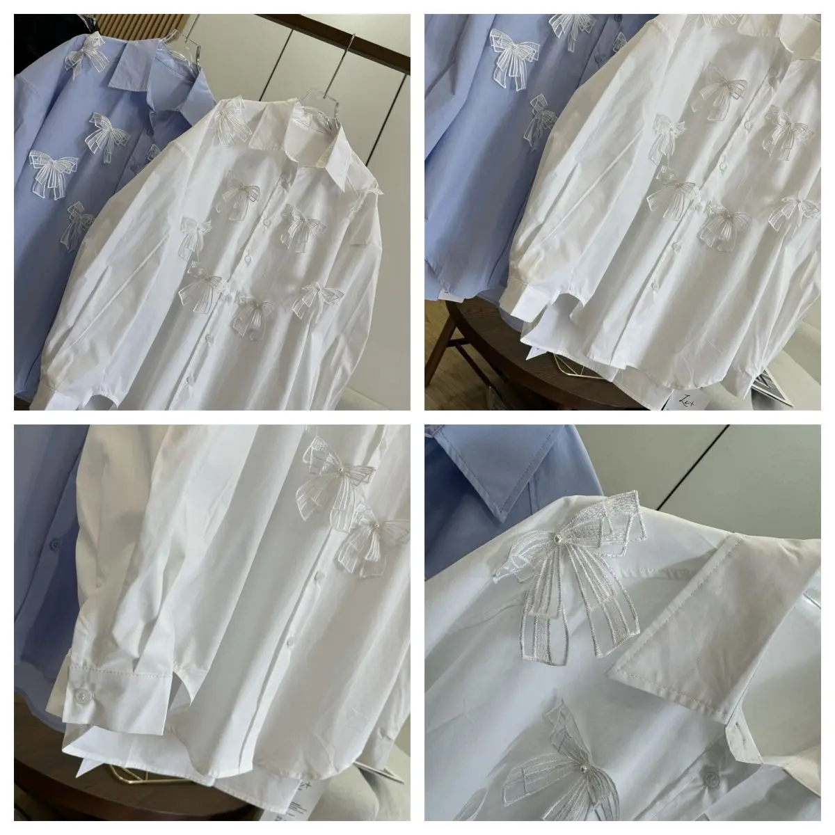 Camisa feminina de estilo coreano com gola solta em forma de laço de renda 3D