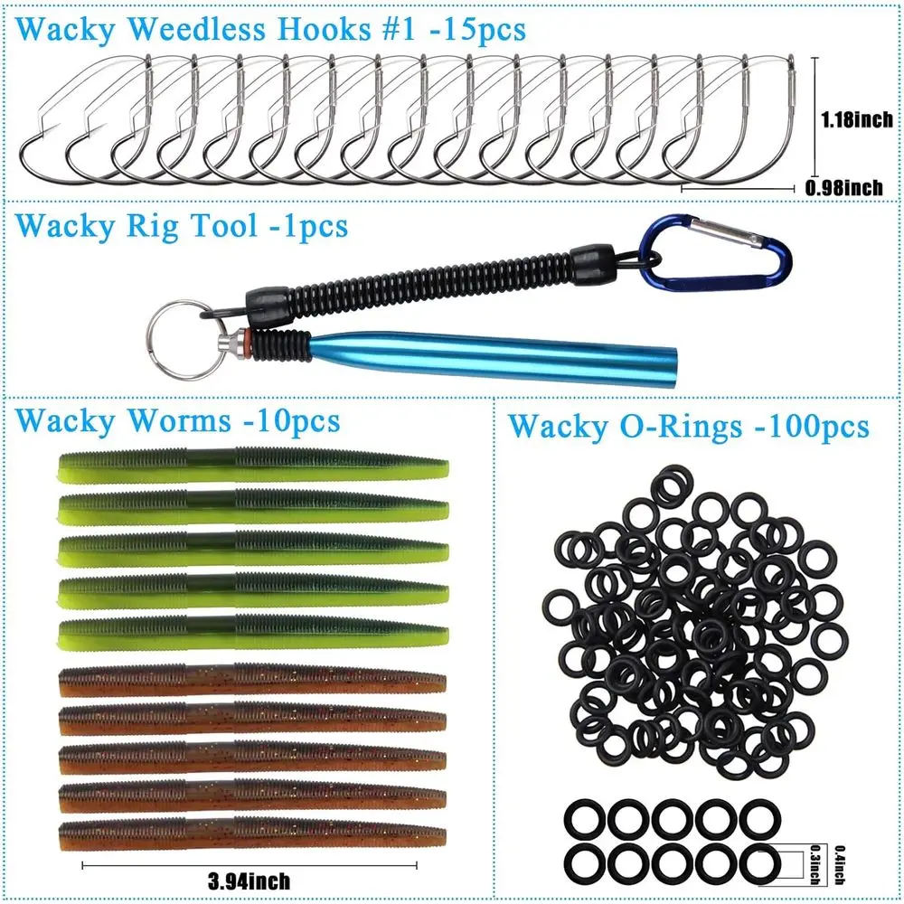Wacky Rig Worm Hooks Angelwerkzeug-Set – Wacky Worms, Wacky O-Ringe, Wacky Rig Tool, Wacky Weedless Hooks Soft Stick Bait Fishing