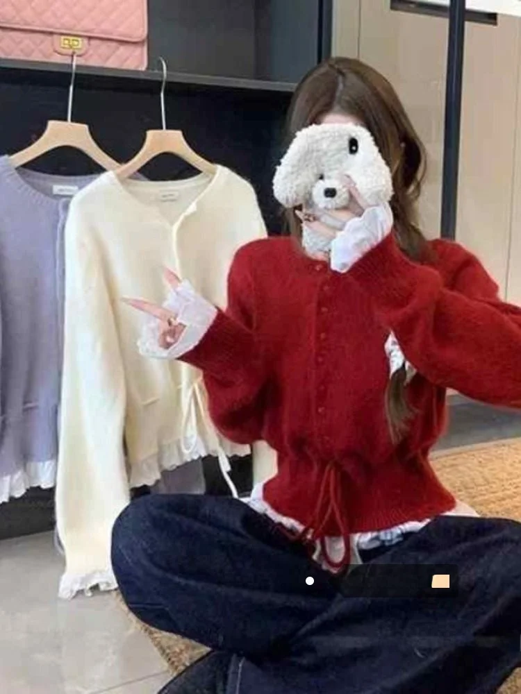 

Корейский Sle Sweet Ruffle Splice Красный вязаный открытый кардиган Свободный женский свитер с поясом на талии и длина Повседневная одежда