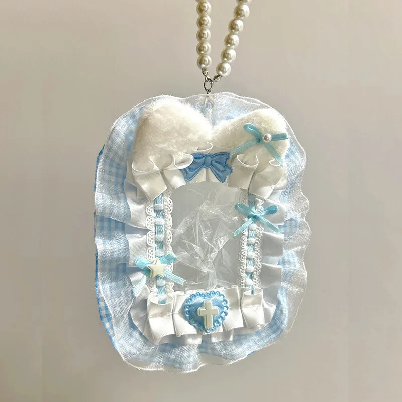 Fluffy Lace Card Holder with Pearl Chain Ruffled Edge Bowknot Bus Card Sleeve Id Bank Credit Card Holder Protector Stationery