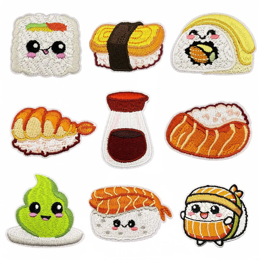 Cartoon-Lachs-Reis-und-Gemüse-Roll-Aufnäher zum Aufbügeln, Premium-Stoffornament für Notizbuch, Kleidung, Handtasche