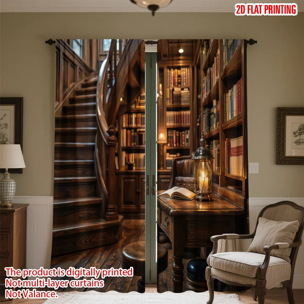 

2D flat printing 2pcs Curtains Cozy Home Library Scene Digital Printed Polyester Drapes All Season Party & Holiday Decor Use for
