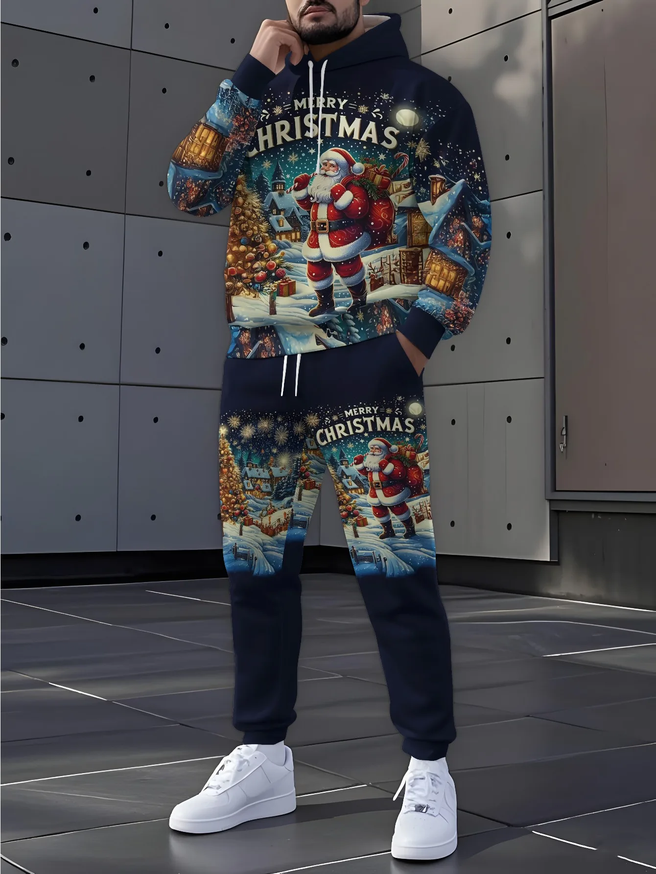 

Autumn Winter Casual Men's Sweatshirt Sets Fashion Christmas Elements Print Hoodies And Pants 2 Piece Outdoor Loose Sports Suits