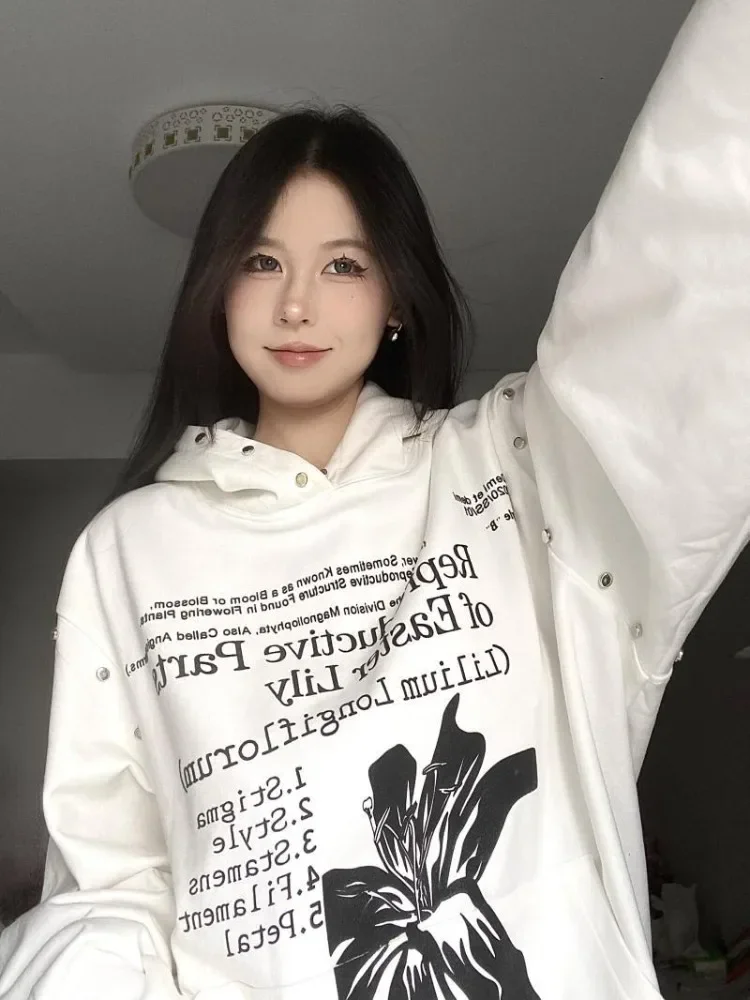 Y2k Aesthetic Letter Printing Hoodie Women Streetwear Rivet Hooded Tops 2024 Harajuku Sweatshirt Girl Cute Loose Grunge Hoody