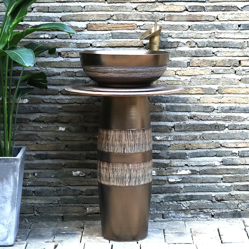 Round Brown Vessel Sink Ceramic Stand and Copper Bowl Basin Bath Pedestal Sink Combo Handmade Artistic Ceramic Corner Wash Basin