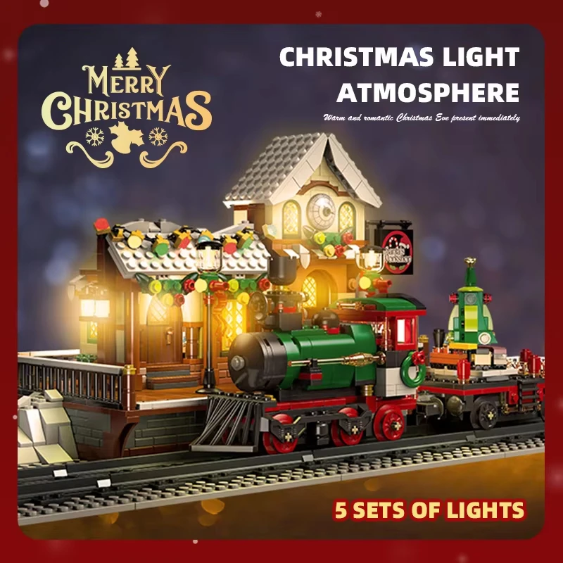 Estação de trem de natal blocos de construção conjuntos cenário arquitetônico festival decoração modelo tijolos brinquedos diy para crianças presentes natal