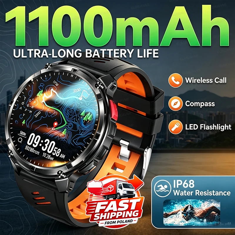 NUOVO smartwatch con funzioni tattiche militari, batteria da 1100 mAh, schermo da 1,7", monitoraggio della salute, torcia LED, bussola, impermeabilità IP68, chiamate HD, smartwatch sportivo per