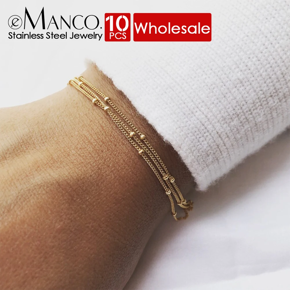 EMANCO 10PCS Wholesale Simple Female Dainty Chain Bracelet Jewelry Layered Beads Chain Bracelet For Women Stainless Steel Chain