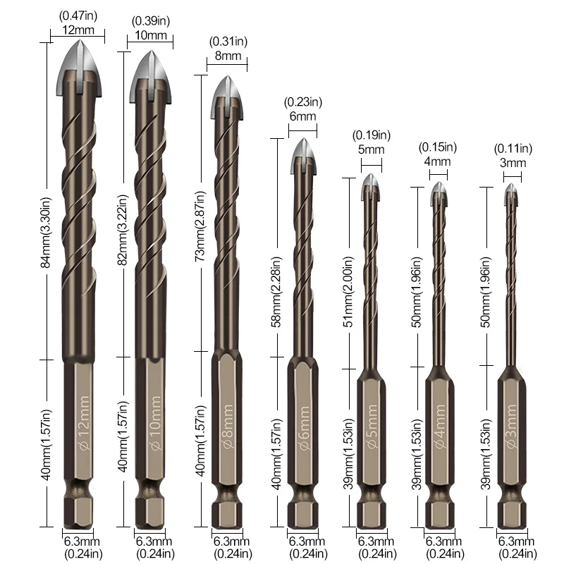 Cross Hexagonal Shank Ceramic Tile Tips Glass Cement Opener Hole Triangle Alloy Drill Size 3mm 4mm 5mm 6mm 8mm 10mm 12mm