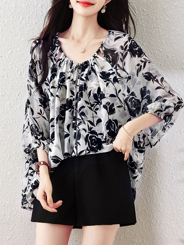 

Модная свободная женская летняя блузка из шифона с принтом, трендовый универсальный топ с круглым вырезом и рукавами-фонариками, дышащий, приятный для кожи