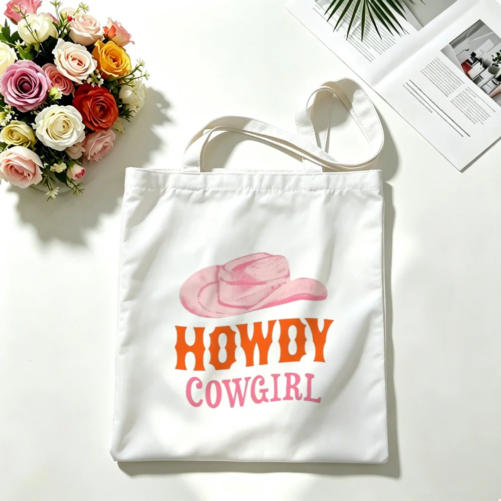 Vintage Pink Cowboy Hat Yoga Bag Canvas Tote Western Howdy Cowgirl Printed Gym Shoulder Handbag Large Capacity Reusable Grocery