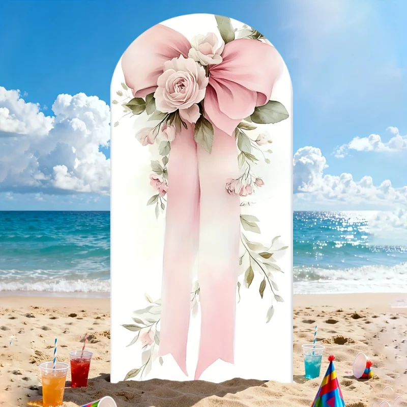 VIKAMA - Fondo de arco floral romántico con lazo rosa y estampado de cinta, cubierta para arco de boda al aire libre, decoración para fiesta de baby shower