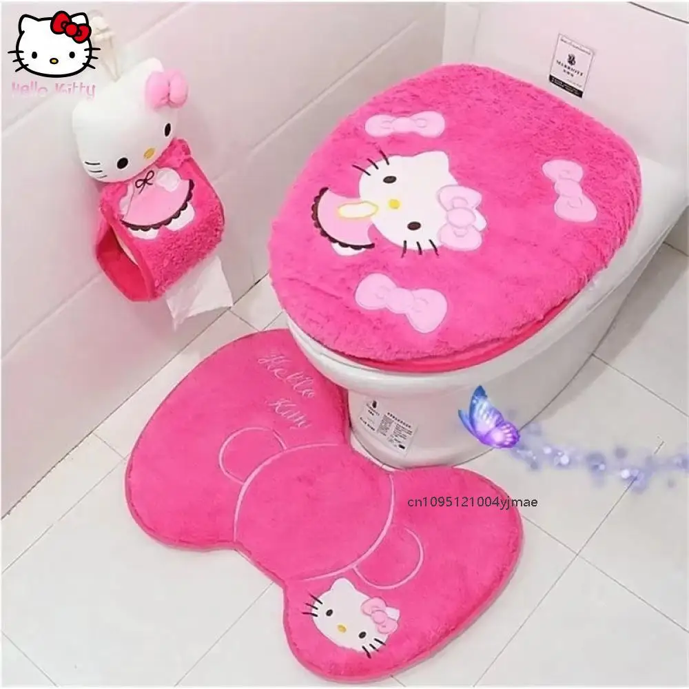 

Sanrio Hello Kitty Toilet Seat Cushion Three Pieces Set Restrooms Universal Winter Household Plush Toilet Seat Cover Gift Anime