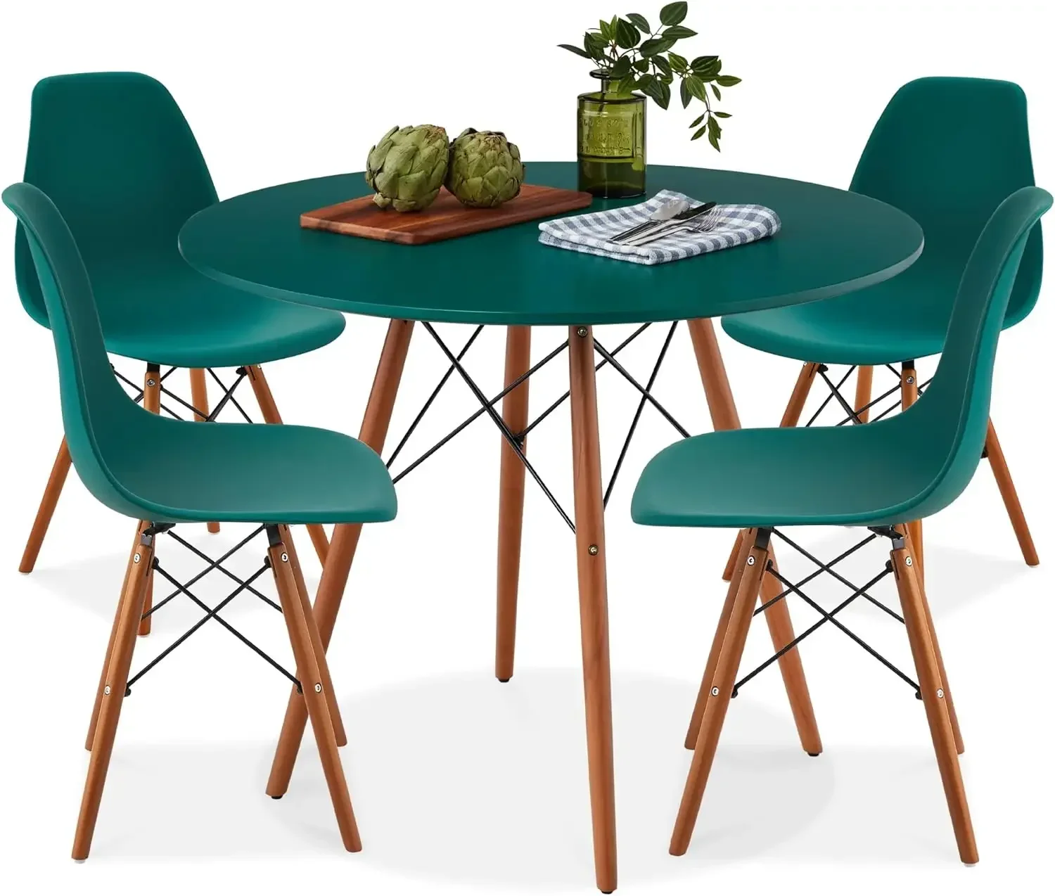 5-Piece Dining Set, Compact Mid-Century Modern Table & Chair Set for Home, Apartment w/ 4 Chairs, Plastic Seats, Wooden Legs