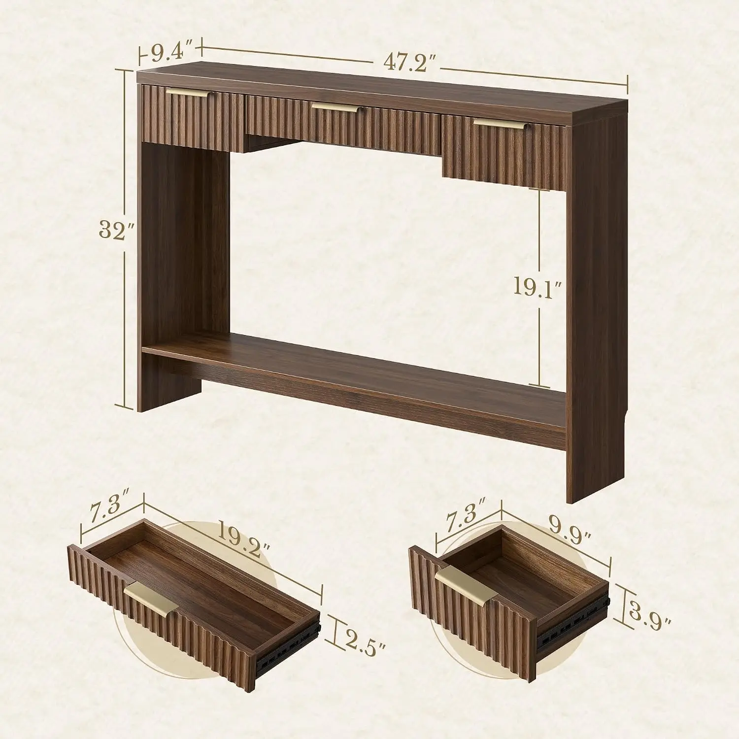 Entryway Console Sofa Table with 3 Drawers, Black Walnut | Fluted Entryway Table with Open Storage Shelf, Narrow, Customized