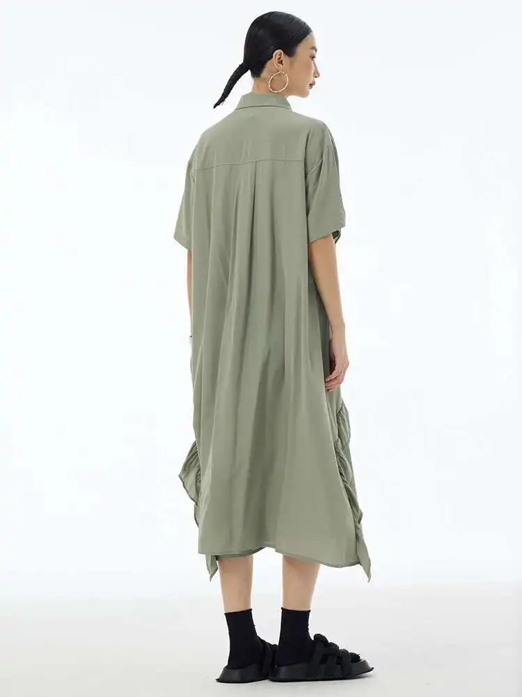 Damska Zielona Sukienka Koszulowa z Falbankami, Asymetrycznym Krojem, w Dużych Rozmiarach, Nowa, z Kołnierzykiem, Krótkim Rękawem, Modna, Wiosenno-Letnia