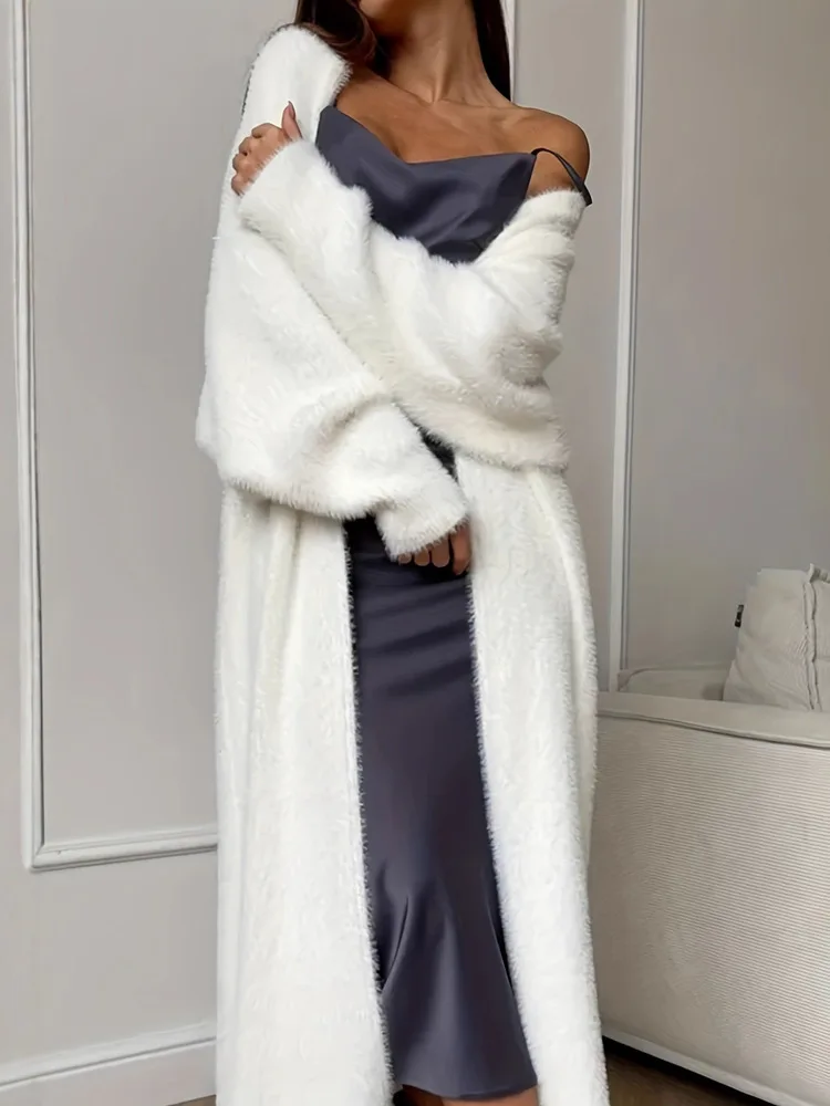 Damen Einfarbiger Flauschiger Weicher Langer Cardigan Herbst Winter Mode Gestrickte Pullover Mäntel Damen Schwarz Weiß Kleidung