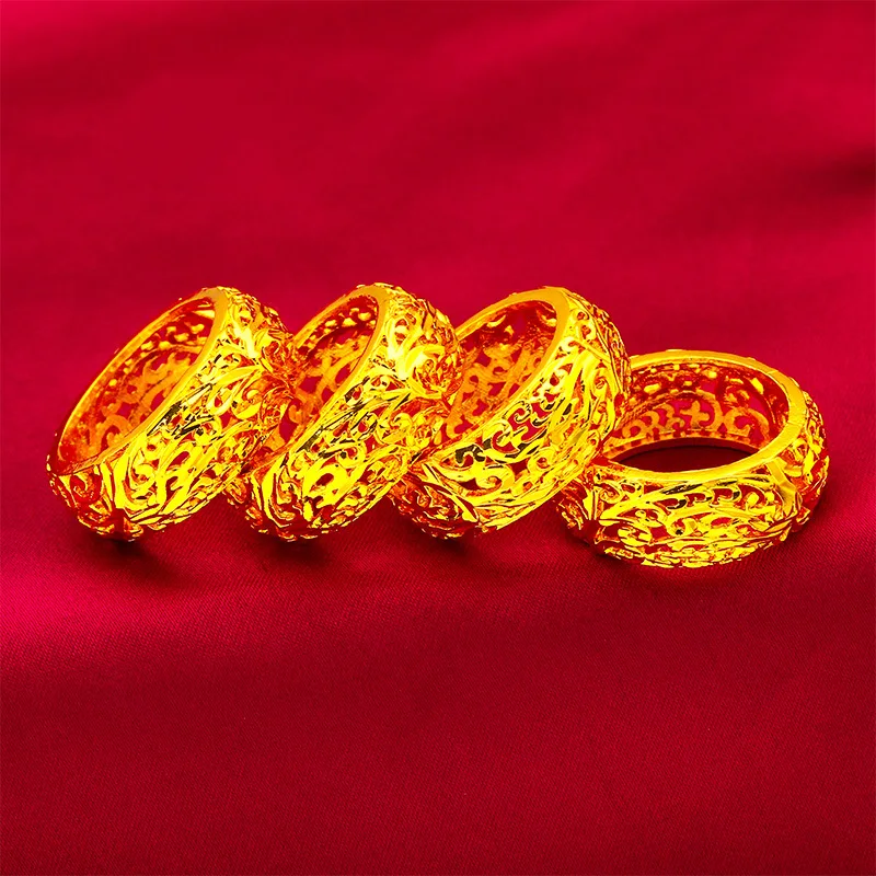 

24K Gold Wide Floral Carved Ring Women's AU999 - Durable carving, heavy texture, for office & banquets
