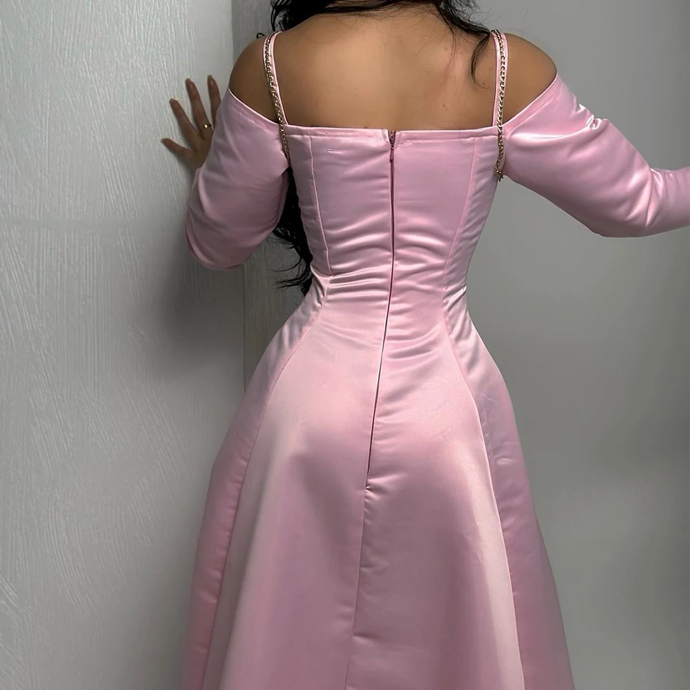 Customized Satin A-Line Off the Shoulder Sequined Evening Dress Strapless Floor Length Zipper Back Long Sleeves Panel Train