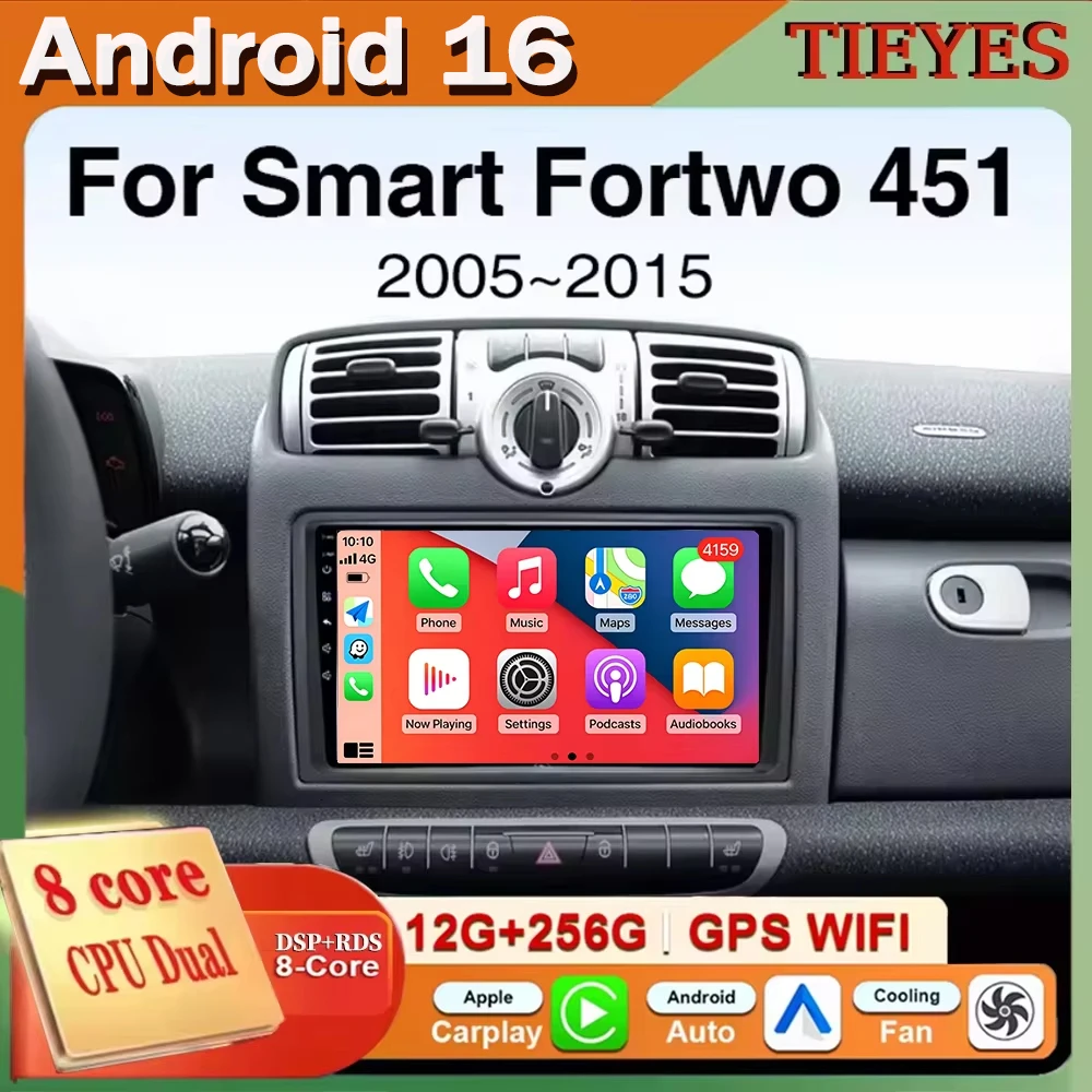 For Mercedes Benz Smart Fortwo 451 2005 - 2010 Android 16 Carplay+Auto Car Radio Multimedia Player Auto Head Unit Navigation GPS