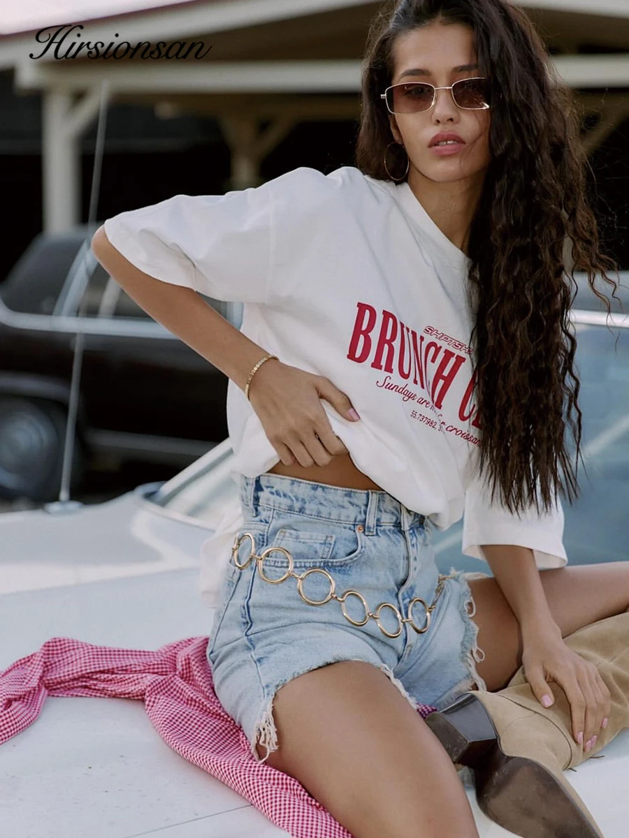 Hirsionsan Vintage Chic Letter Printed T Shirt Women Summer 100% Cotton Soft Short Sleeve Tee Female Oversized Stylish Top 2025