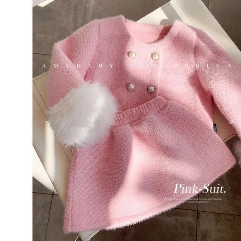 Girls Wool Coat Set Autumn Winter New Kids Faux Fur Lined Thick Jacket Skirt Two Piece Set Fashion Outfit