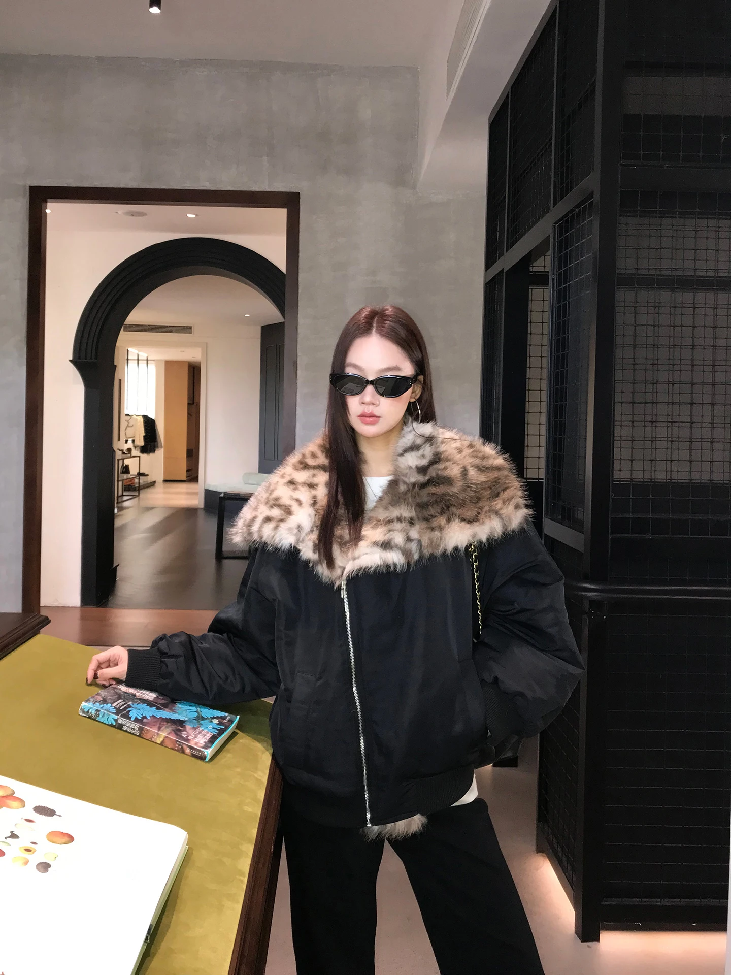 

Red Celebri ort Baseball Jaet Women's Autumn Winter New Sle Fur Collar Bla Warm Korean Sle Cotton Coat Straight Tube