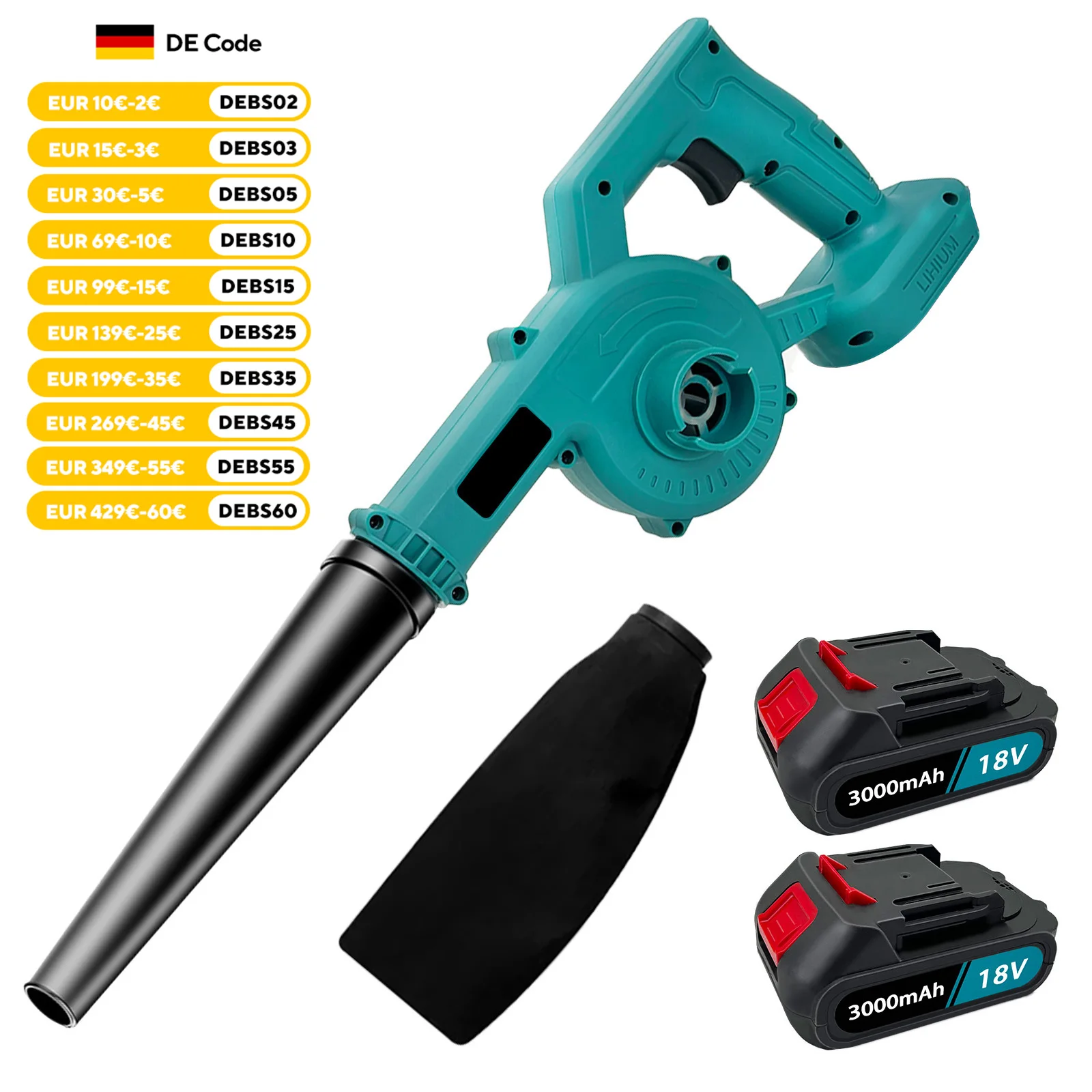 Souffleur de feuilles sans fil avec 2 batteries, souffleur d'air électrique portatif, poussière de neige, remplacement de jardin de voiture pour Makita 18V