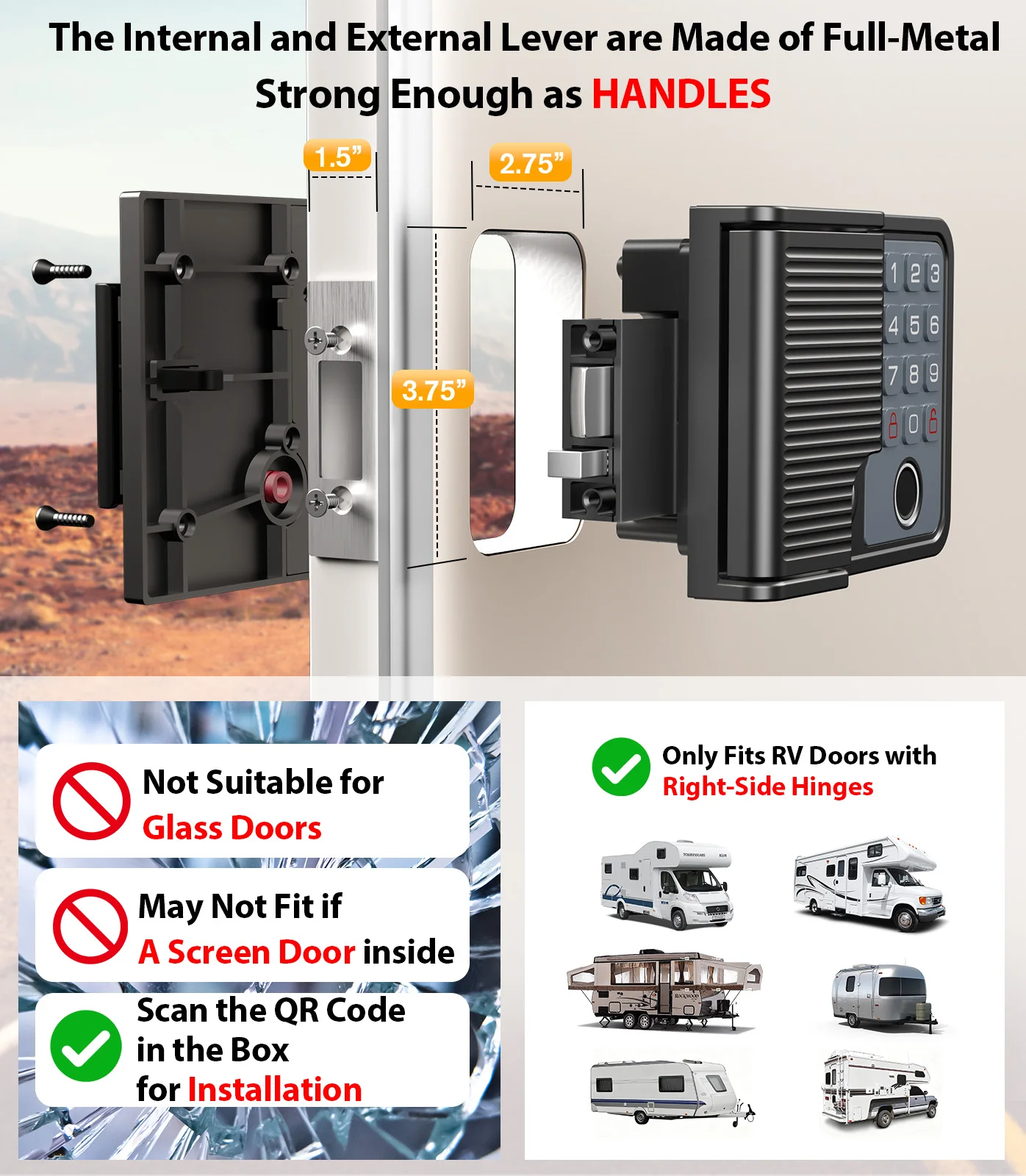 أقفال أبواب RV الذكية دخول بدون مفتاح مانعة لتسرب الماء تناسب 3.75 بوصة × 2.75 بوصة لوحة مفاتيح عن بعد لبصمة الإصبع، استبدال مقطورة معدنية كاملة