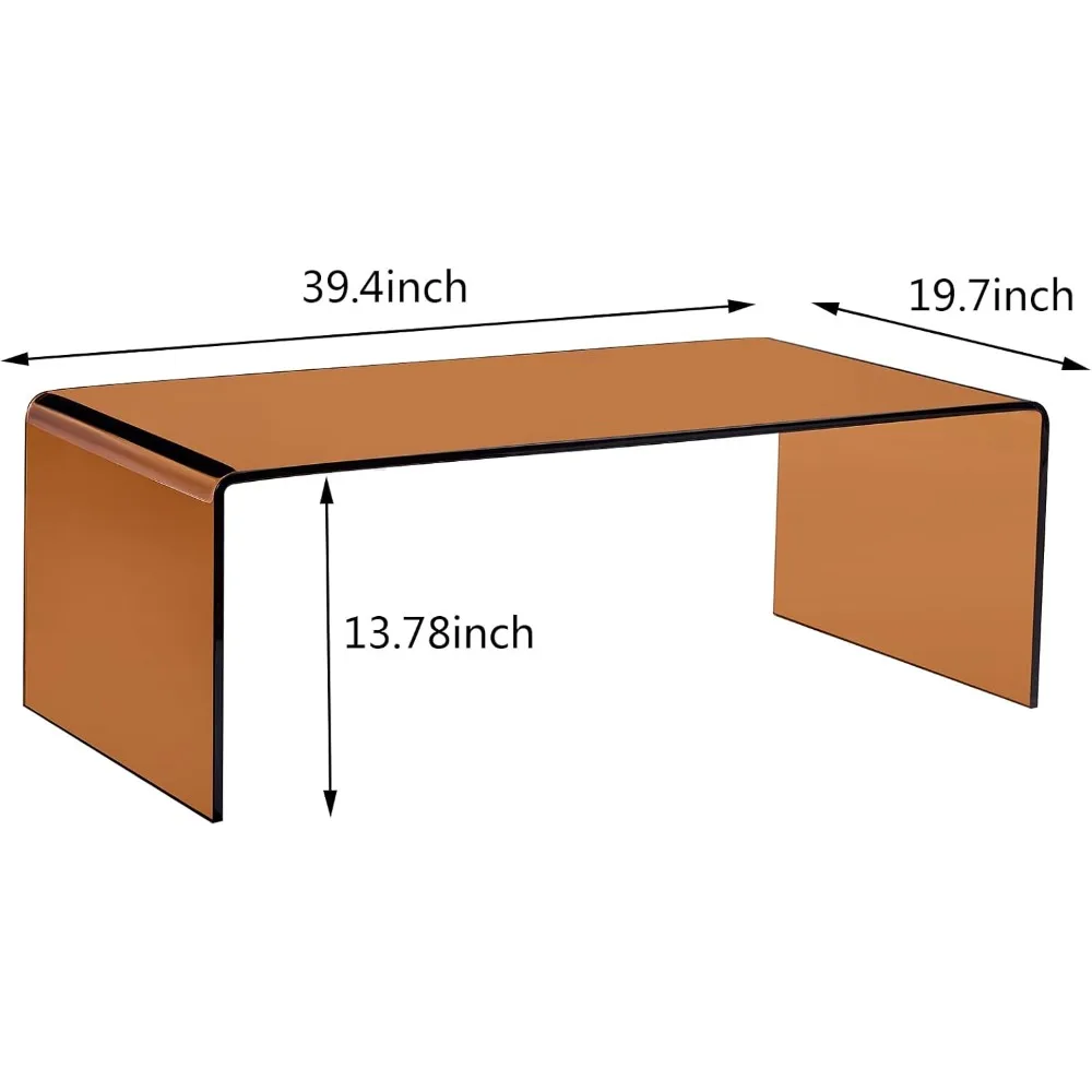 Modern Rectangular Brown Glass Coffee Table for Living Room, Small Tempered Glass Waterfall Design Sofa End Table 39.4 Inches