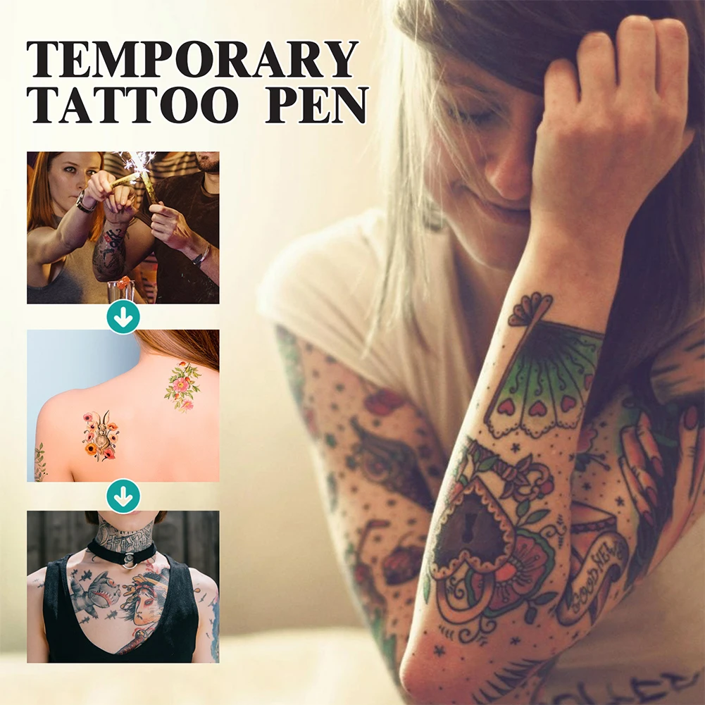 Temporary Tattoo Pen with Tattoo Stencils Tattoo Set Skin Friendly 10-Count Pack of Assorted Colors Easy To Clean for Women Men