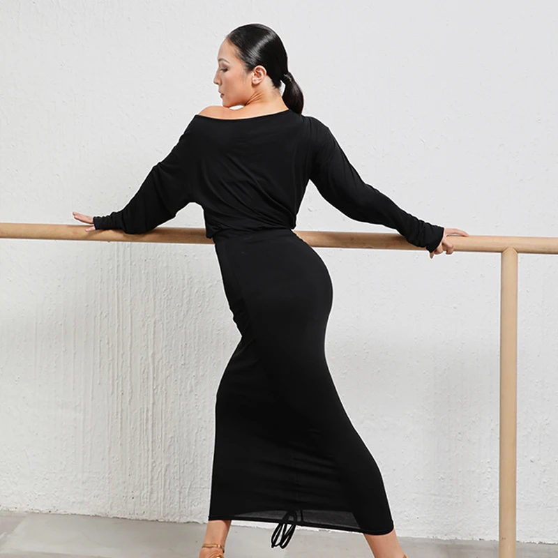 Sexy Slanted Shoulders Latin Dance Dress Women Black Long Sleeves Latin Dance Costumes Adults Latin Practice Dresses SL7587