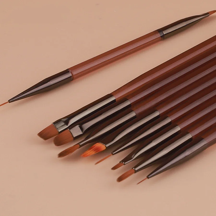 9Pcs Nail Brush Set Detail Work Pens with Stylish Brown Handles for Gel Nail Art Fine Line Painting Professional & Home Use Tool