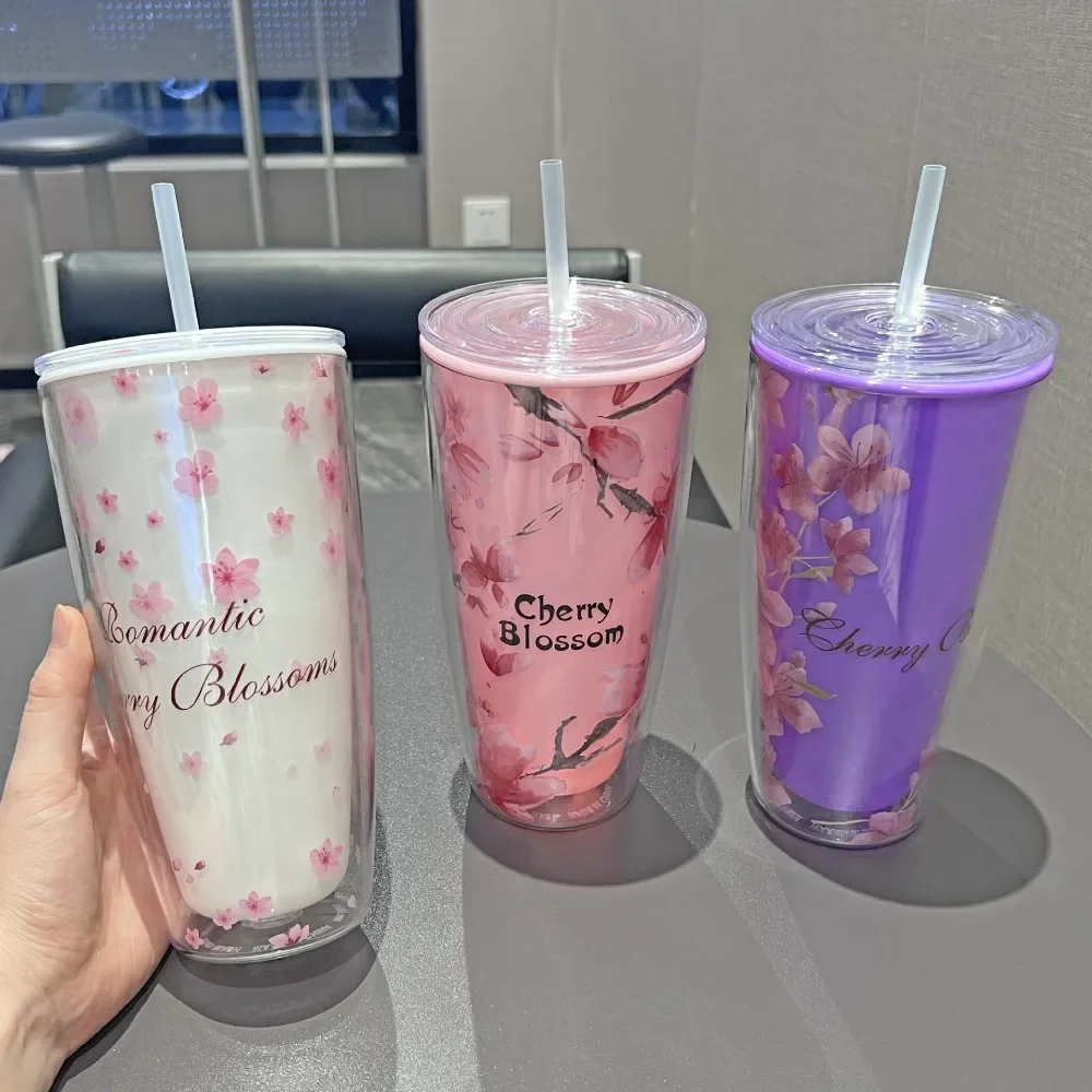 

New Cherry Blossom Double Plastic Cup Couple Straw Cups Wholesale Easy Mug Internet Celebrity High Value Water Drinkware