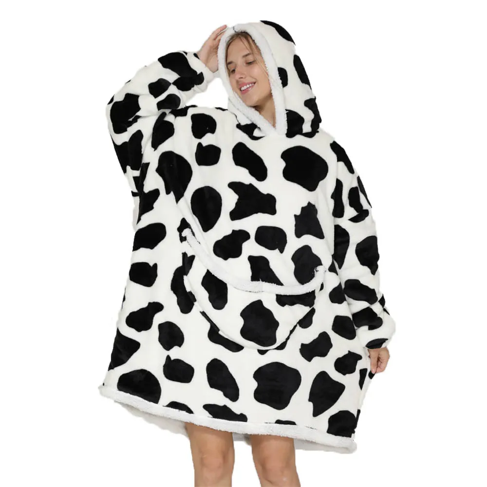 2024 Cartoon Oversized Hoodie Blanket with Sleeves Winter Warm Fleece Sweatshirt Cow Hoodies Women Men Korean Funny Print Hoodie