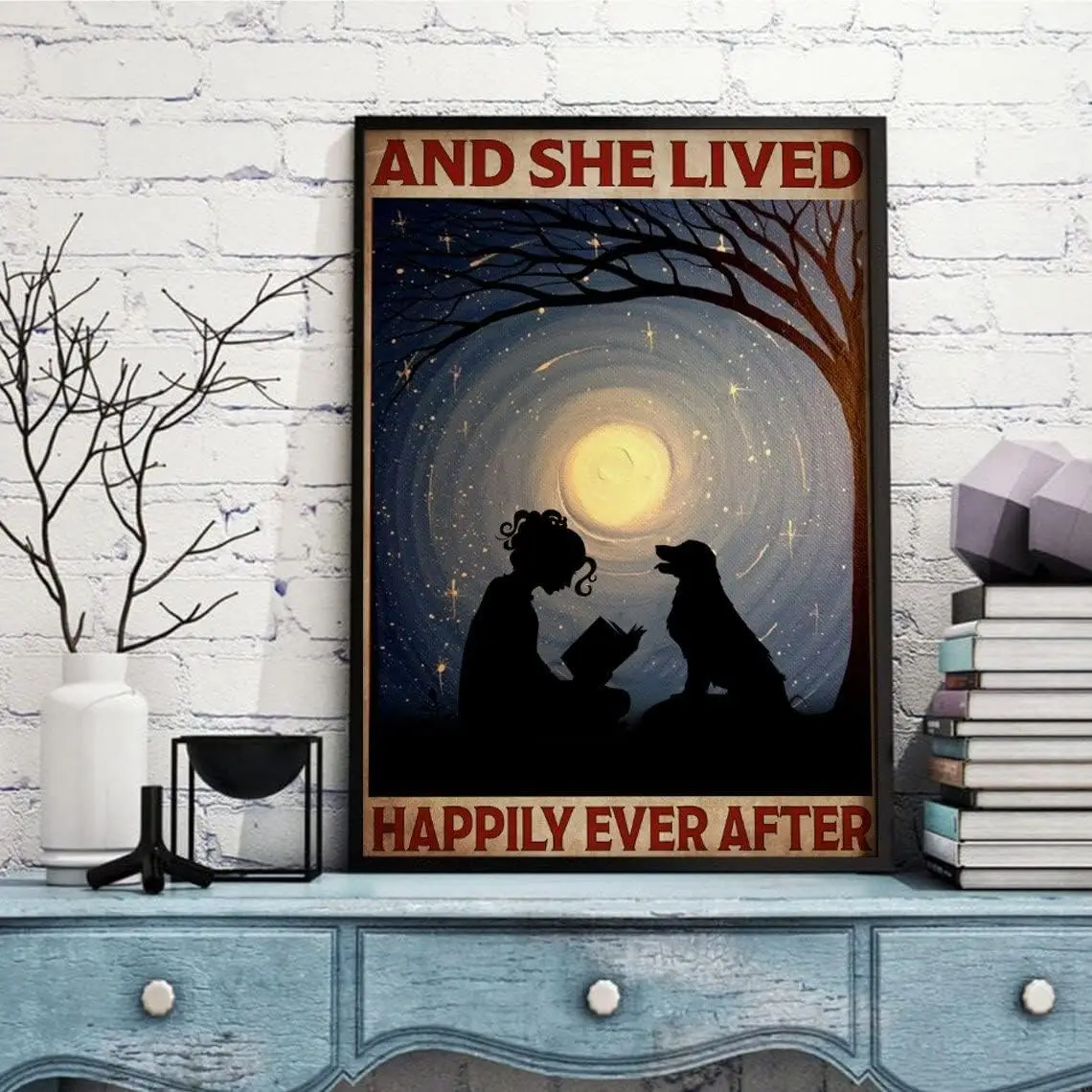 Vintage Metal Tin Sign and She Lived Happily Ever After Poster, Reading Book Poster, Dog Poster Novelty Sign Vintage Metal Tin S