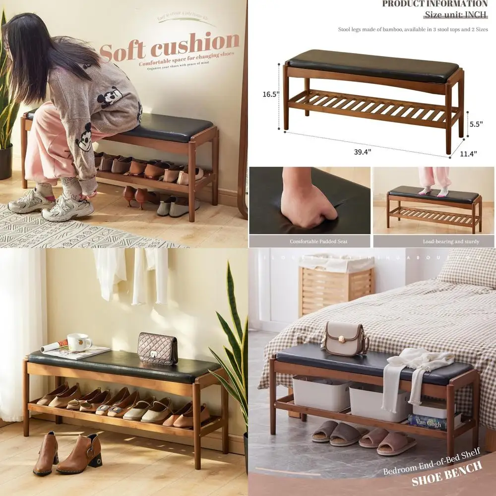 

Бамбуковая двухуровневая полка для обуви с кожаным сиденьем, черный верх и коричневый каркас для прихожей, прихожей, гостиной, спальни