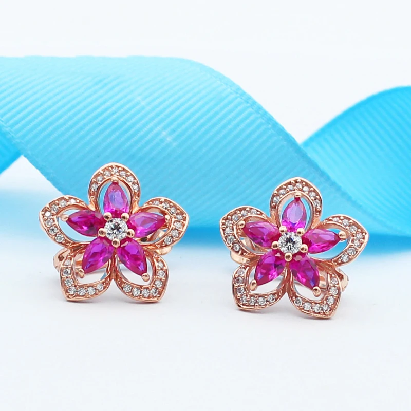 

585 purple gold plated 14K rose gold inlaid pink gem small flower earrings for women fashion crystal ear buckle wedding jewelry