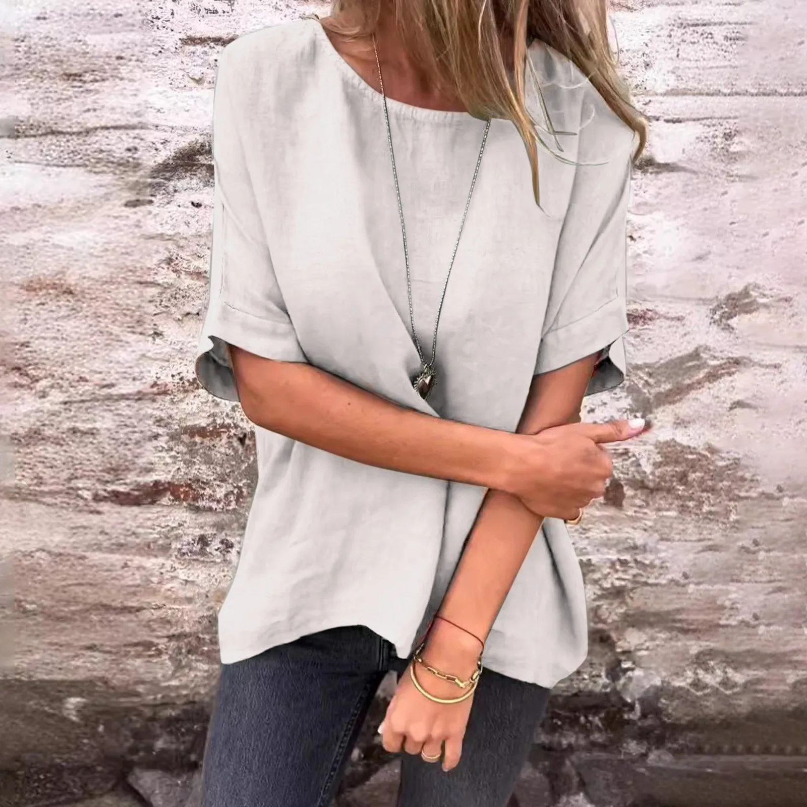 Cotton Linen Shirt Blouse for Women 2024 Summer Solid Color Half Sleeve O Neck Tops Vintage Female Clothing Streetwear