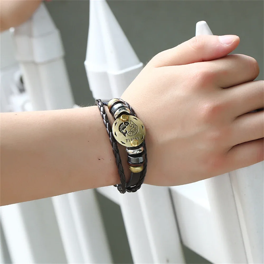 12 Horoscope Leather Bracelet for Women Man Vintage Retro Charm Male Bracelets Jewelry Gifts Leo Cancer Aries Couple Zodiac Sign