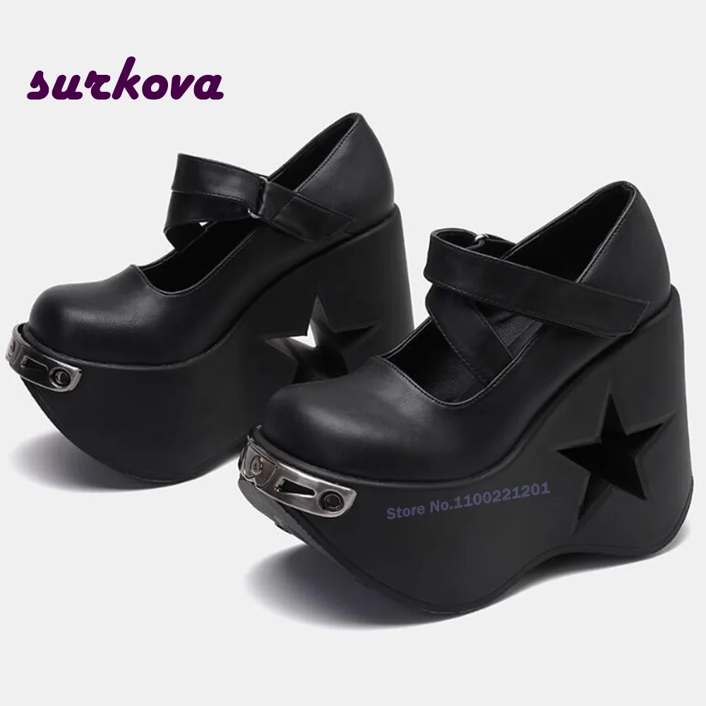 

Metal Punk Spicy Girls Mary Jane Shoes Big Toe Platform Thick Soled Women's Shoes Buckle Motorcycle Black Pumps Sweet Black Sexy