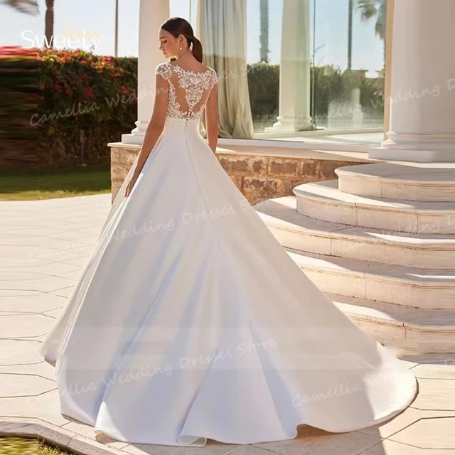 Raso A Line abiti da sposa Appliques Sexy da donna abiti da sposa eleganti collo alto senza maniche Backless Vestidos De Novias 2024 AliExpress