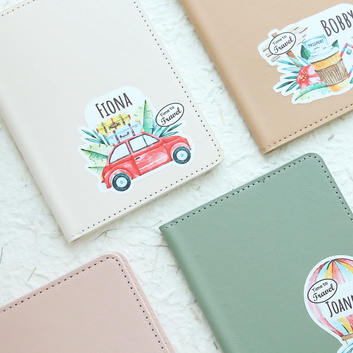 Cute Watercolor Travel Element Custom Full Name PU Leather Passport Cover Portable Multi-slot Travel Document Organizer