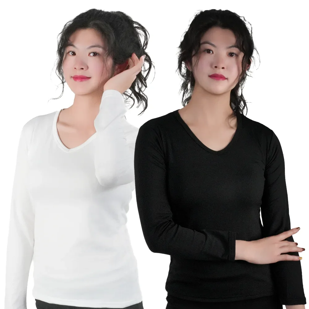 Ropa interior térmica para mujer, Otoño Invierno, camisa inferior con cuello de O/V, Tops de manga larga de Color sólido, jerséis de fibra calefactora de talla grande 2025