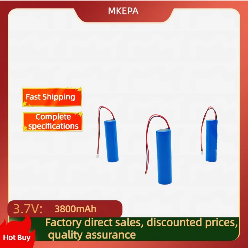 3.7V Li ion rechargeable battery, 3800 MAH, 18650 battery with replacement socket, DIY line for emergency lighting