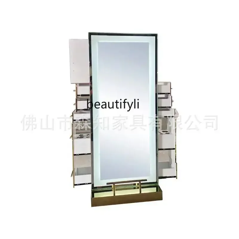 lt Barber shop mirror LED light full body mirror blond hair, stainless steel mirror table