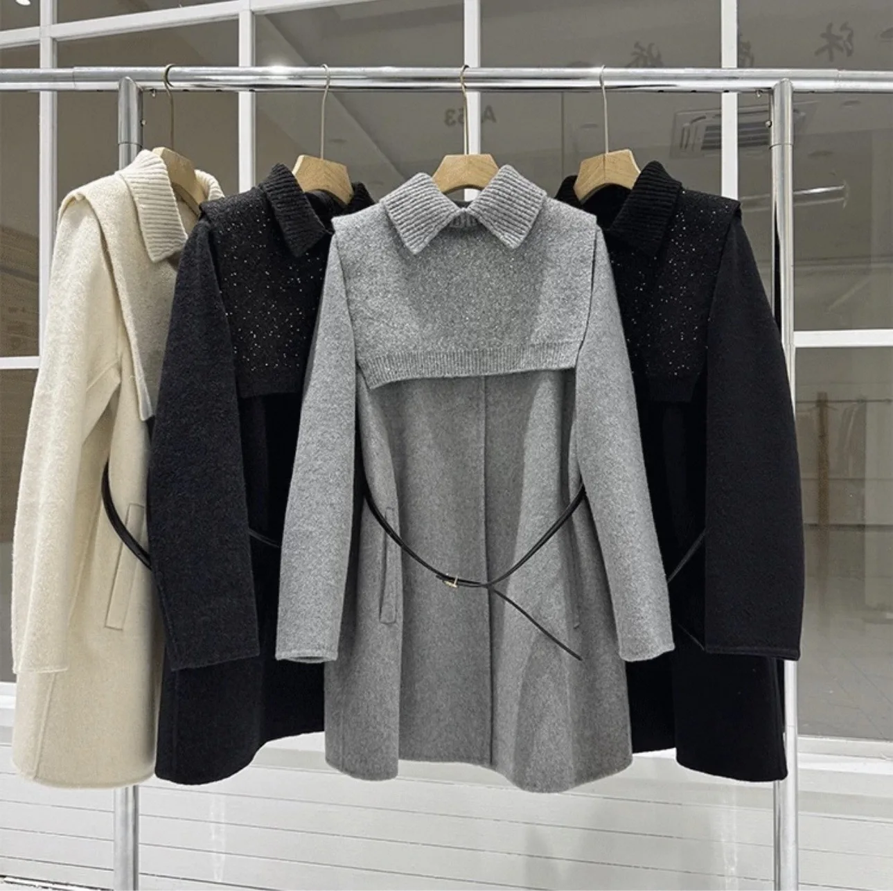 Women Double Faced Wool Coat 2026 Autumn Winter New Midi Length With Knit Shawl Belted Luxury Solid Color Woolen Outerwear