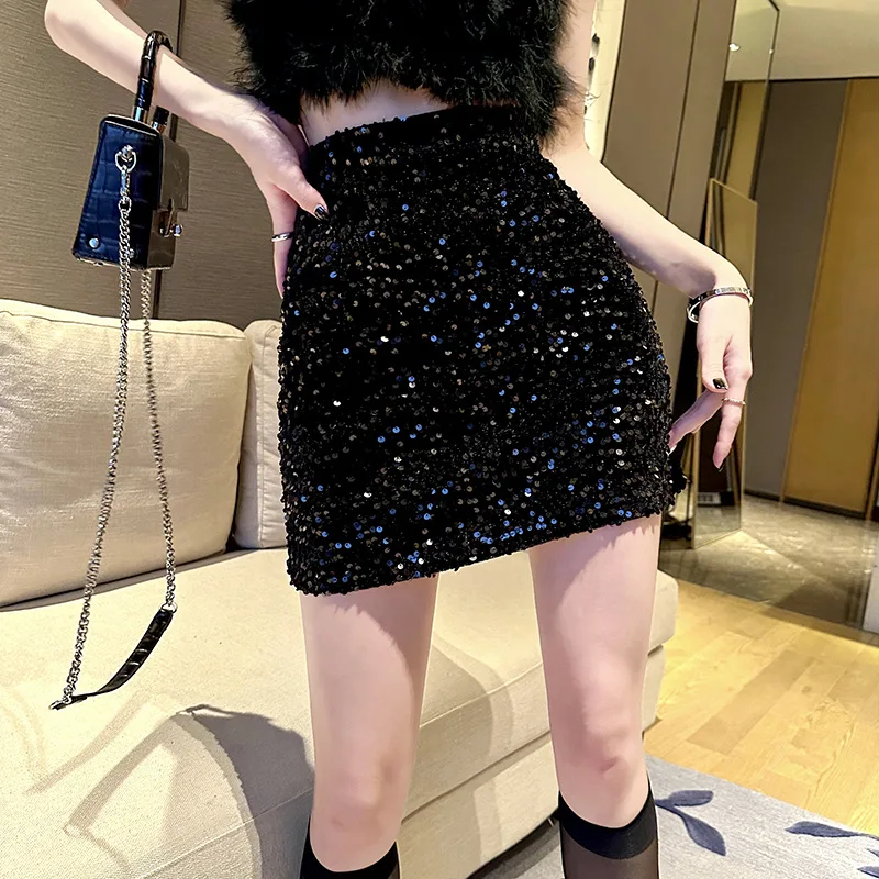 Shiny Sequin Short Wrap Bodycon Skirt High Waist Slim Fit A-Line  Skirt Pure Desire Style Casual Leisure Half Body Skirt