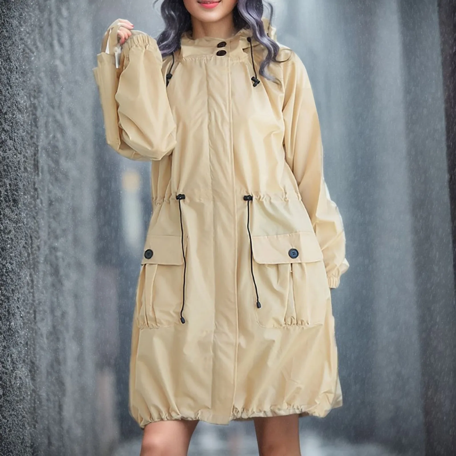 2023 Fashion Women's Windbreaker With Hood Raincoats Outdoor Long Coat Jacket Waterproof Rain Windbreaker Zipper Coat Casual