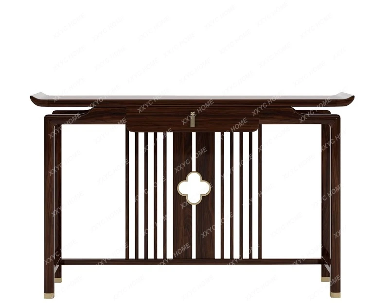 

Ebony wood table against the wall, strip case, living room entrance door and entrance platform